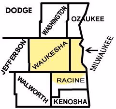 Map of Waukesha and Milwaukee County service area for Dunbar Tree Service.