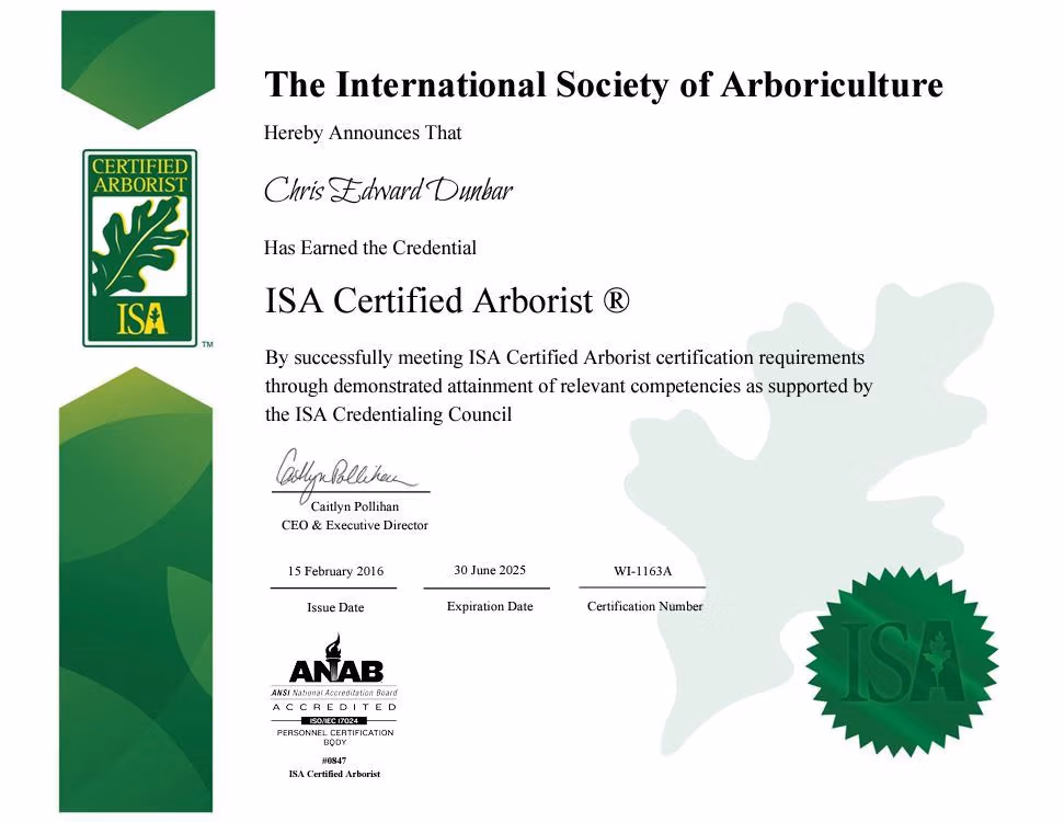 ISA Certified Arborist certificate for Chris Dunbar, WI-1163A, demonstrating professional tree care expertise.