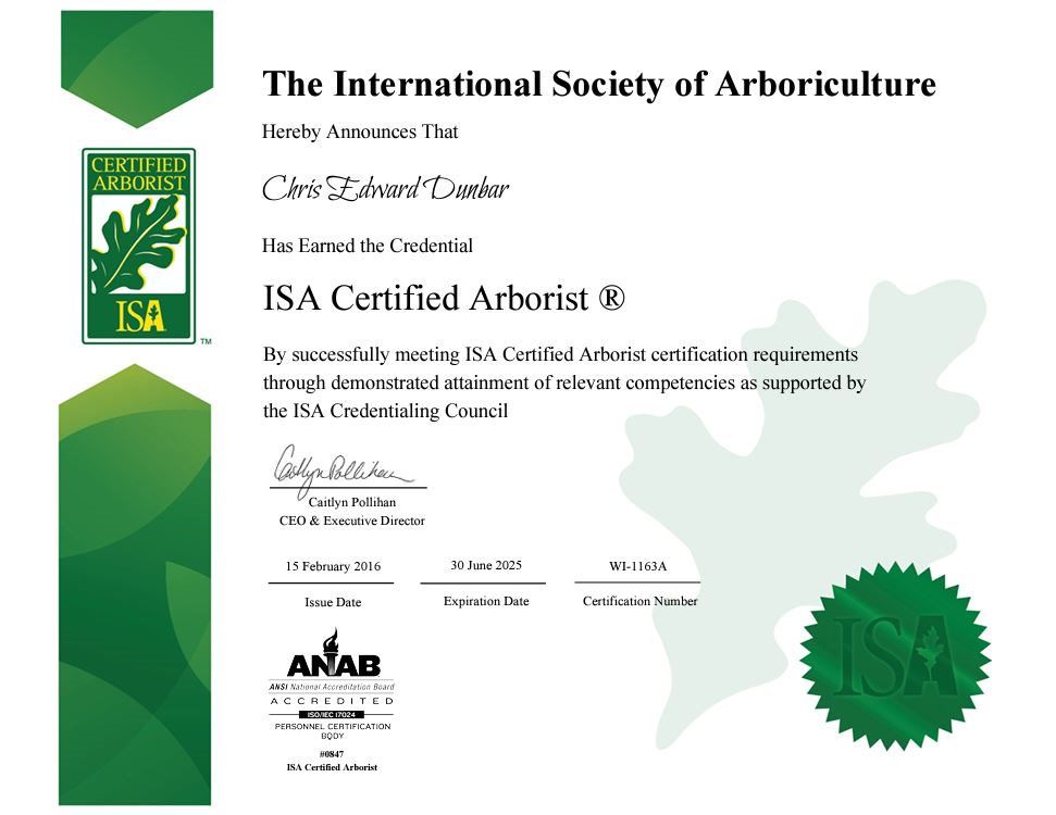 ISA Certificate for Chris Dunbar, for residential and commercial tree services.