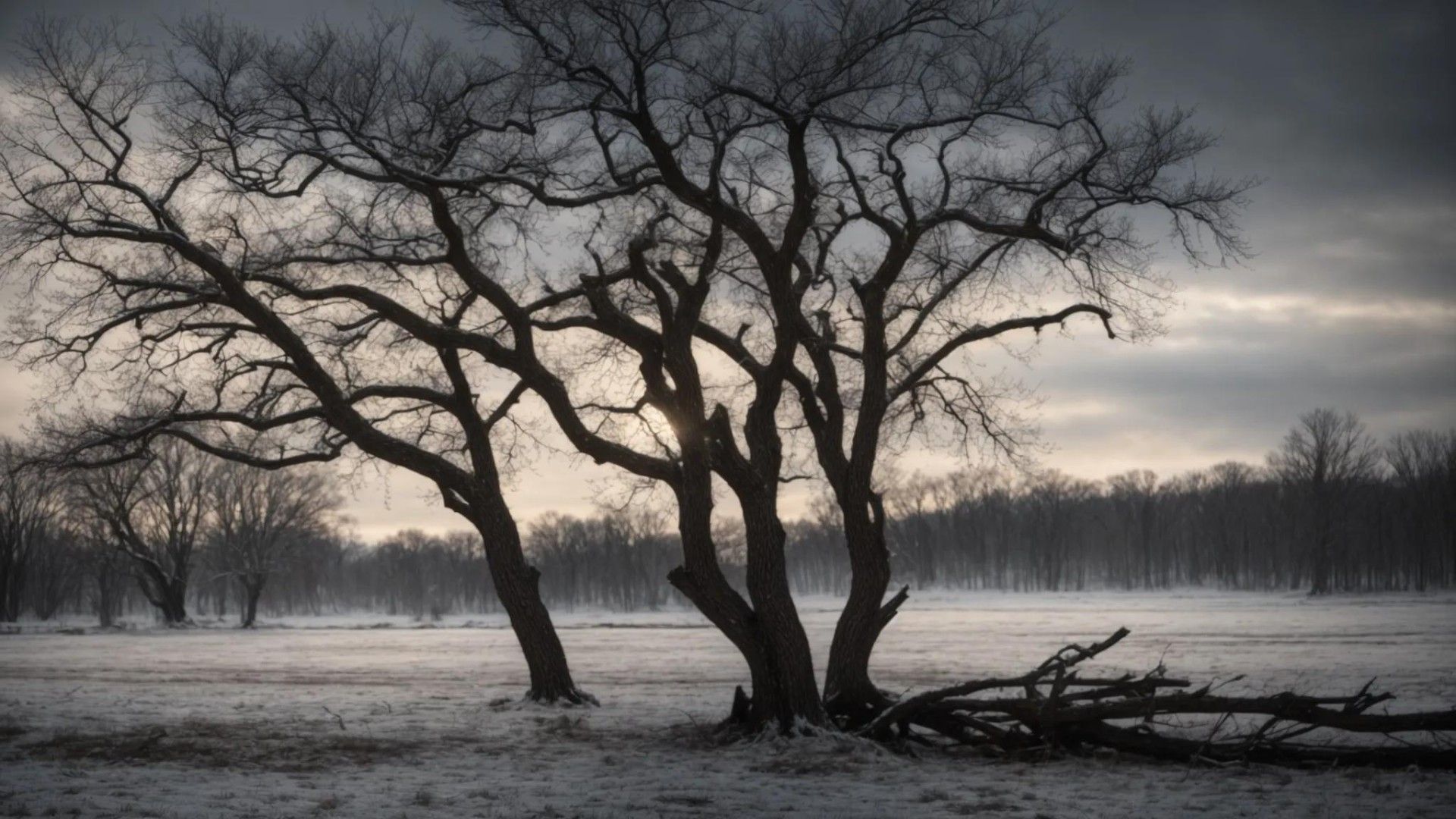 winter storm damage on trees in a landscape