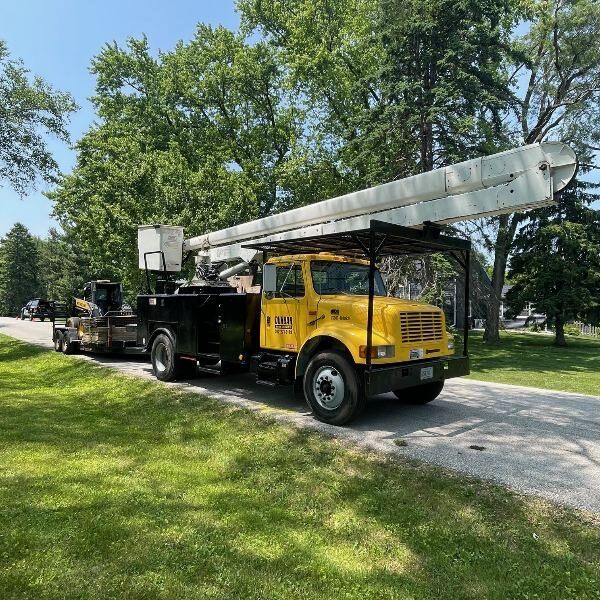Boom truck from Dunbar Tree Service parked on a residential road, equipped for tree care and maintenance, surrounded by green foliage and trees.
