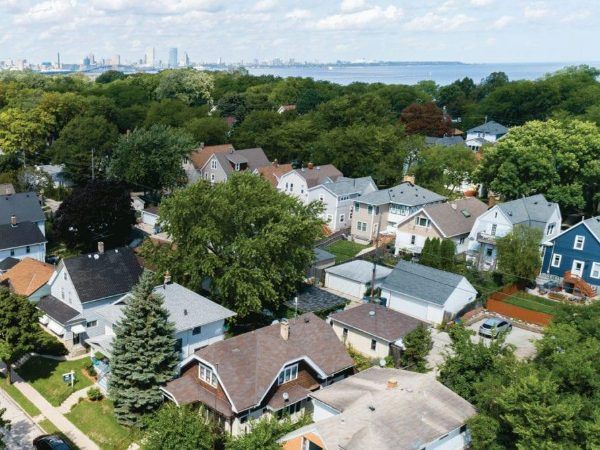 Aerial view of residential neighborhood in Milwaukee, showcasing tree-lined streets and houses, with Lake Michigan and city skyline in the background, highlighting the importance of local tree care and community.