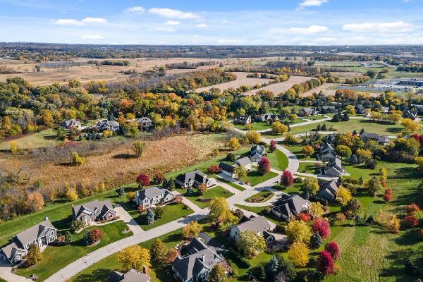 Aerial view of a Waukesha County neighborhood showcasing vibrant autumn trees and residential homes, highlighting local landscapes relevant to tree care services.