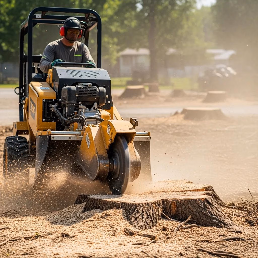 Commercial stump grinder in operation removing tree stump for land development.