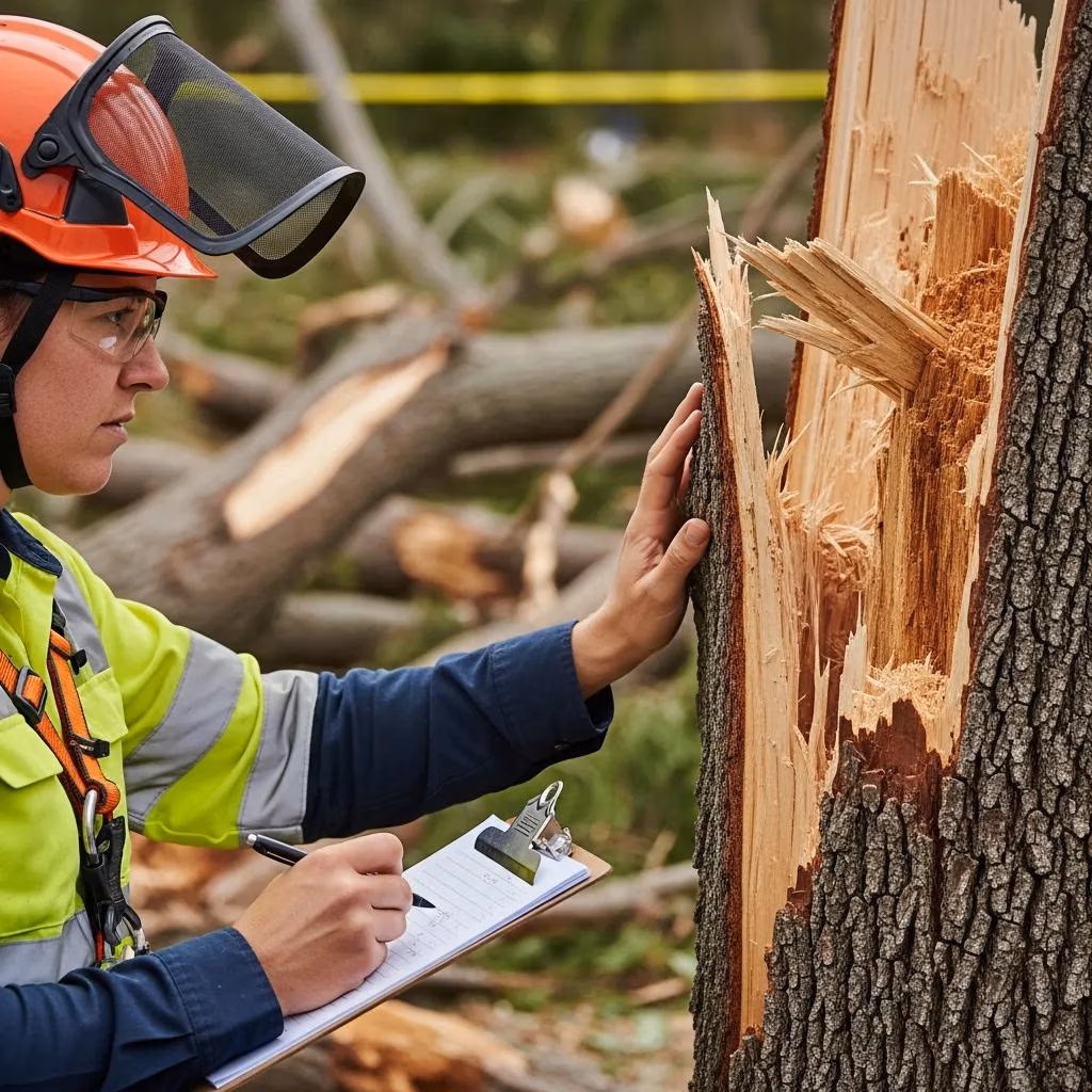 ISA-certified arborist assessing damaged tree for emergency storm removal and safety protocols.