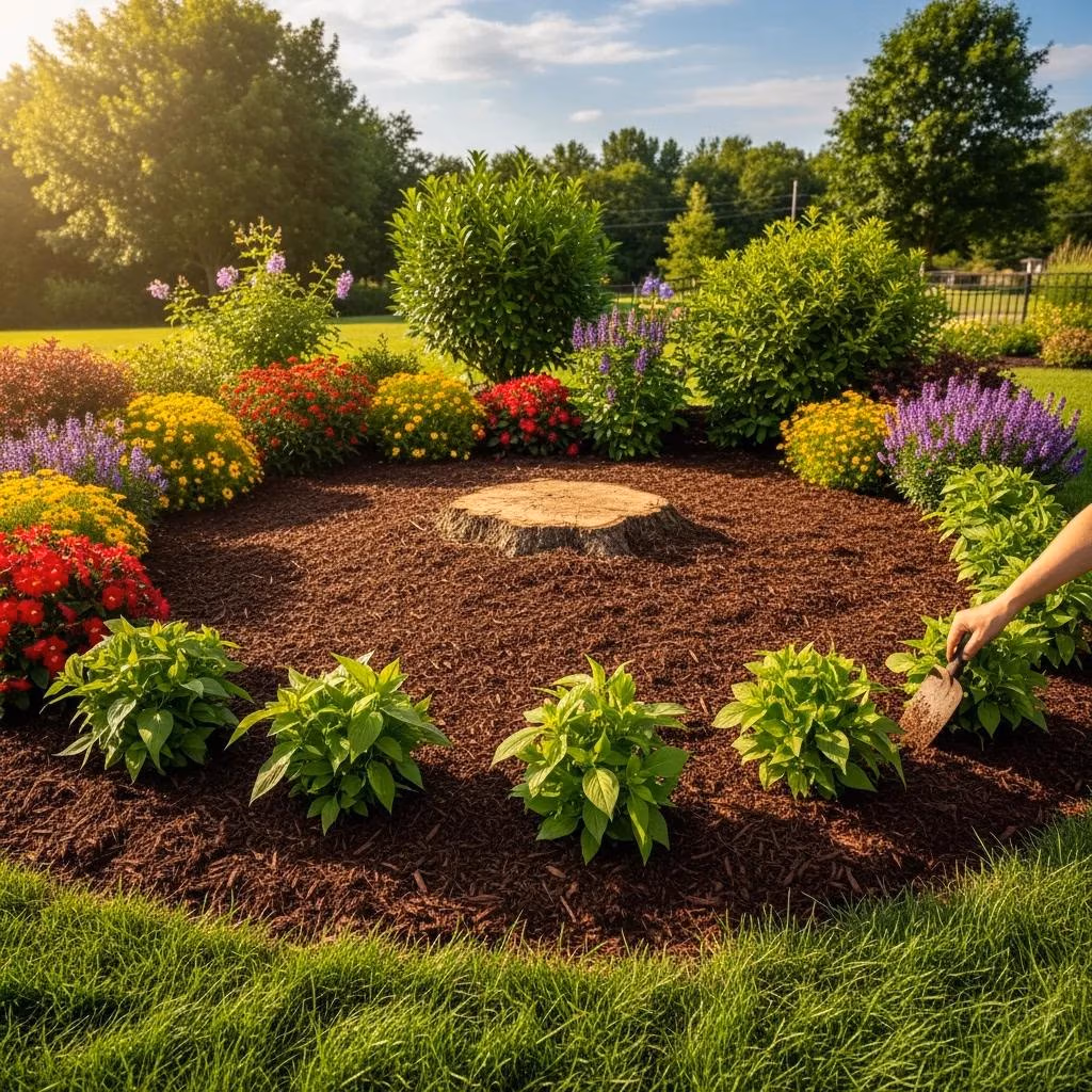 Landscape showcasing stump grinding benefits, fresh mulch, and new plantings in Waukesha County.