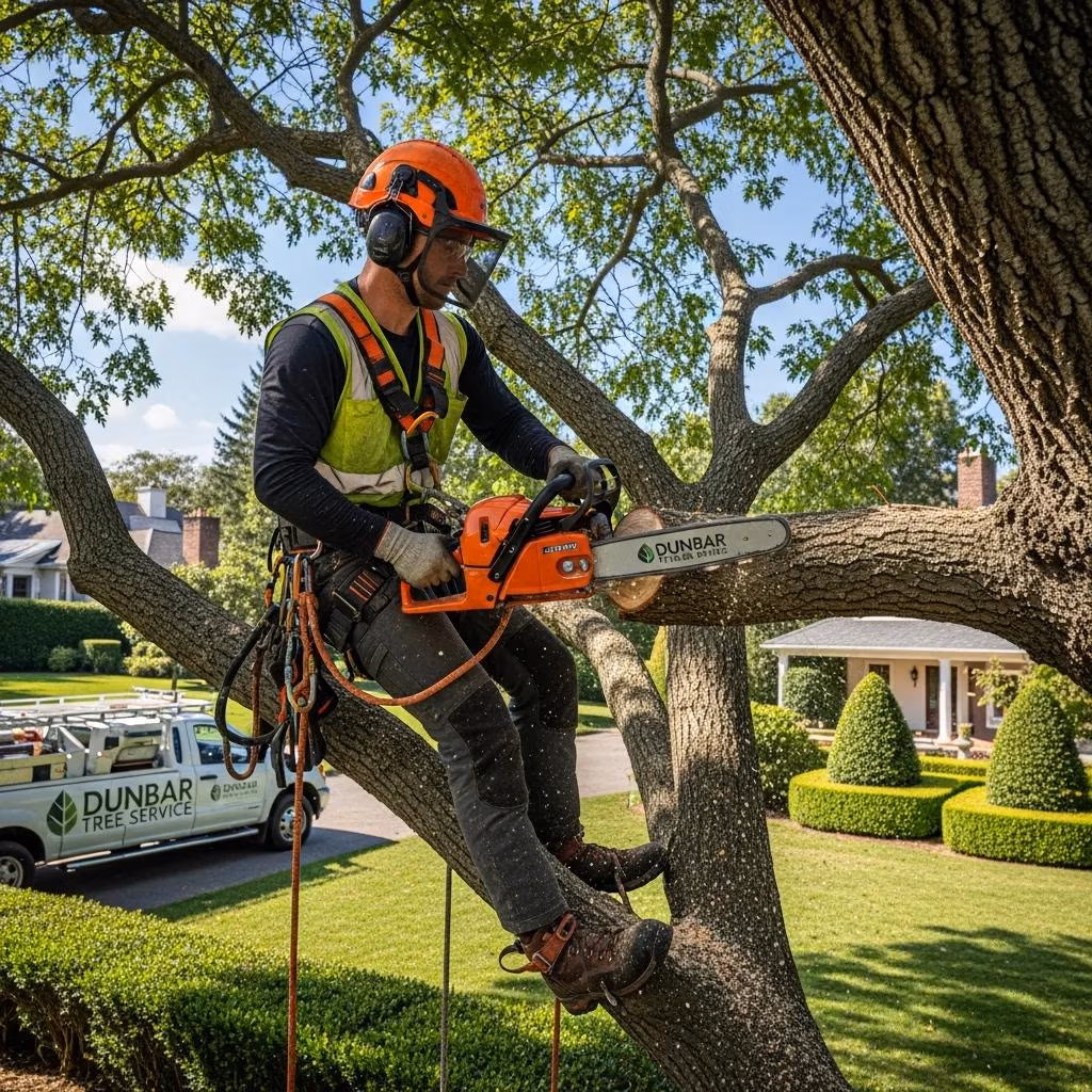 ISA certified arborist safely pruning tree with professional chainsaw and equipment, demonstrating tree care expertise.