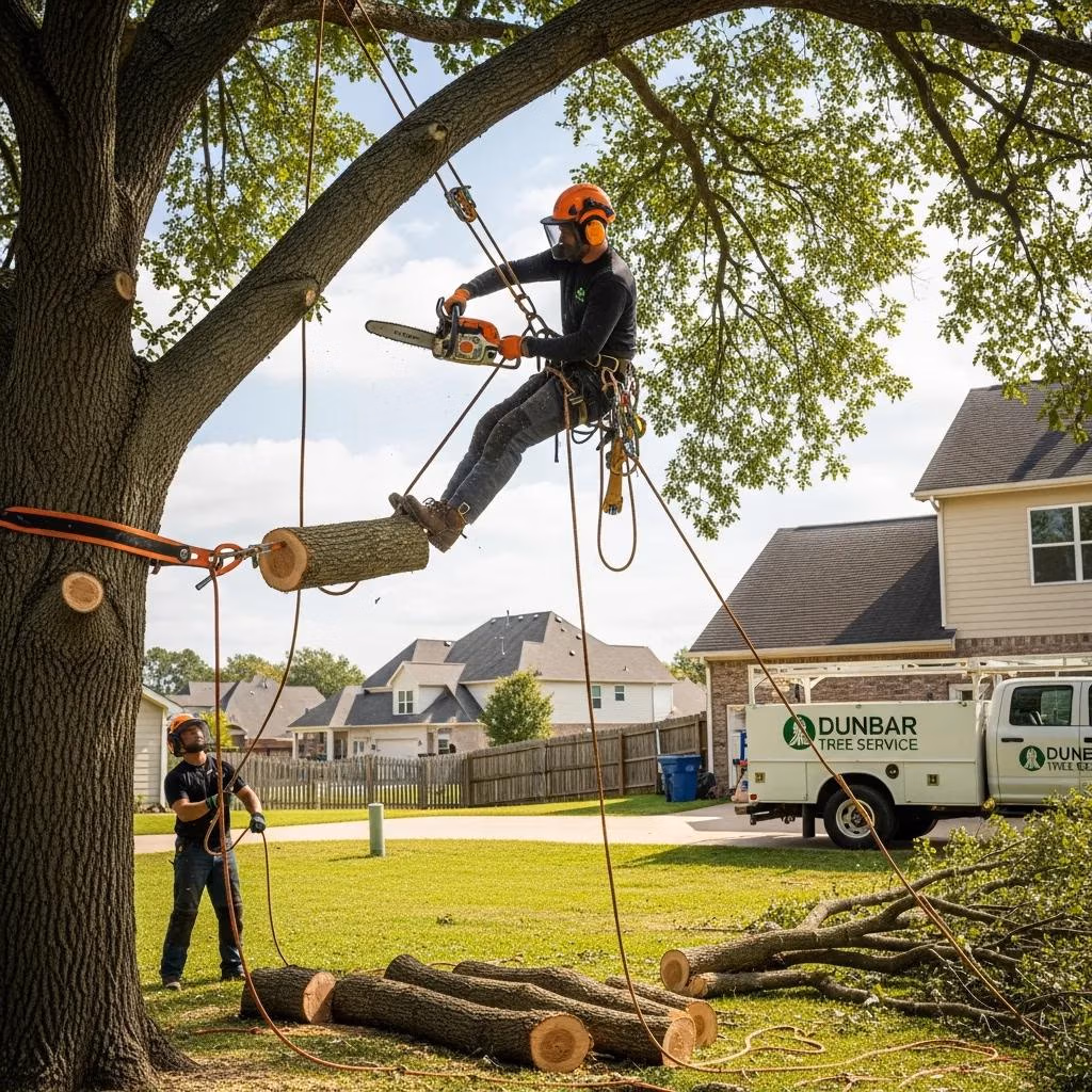ISA-certified arborist safely removing large tree with rigging techniques and professional equipment in Waukesha County.
