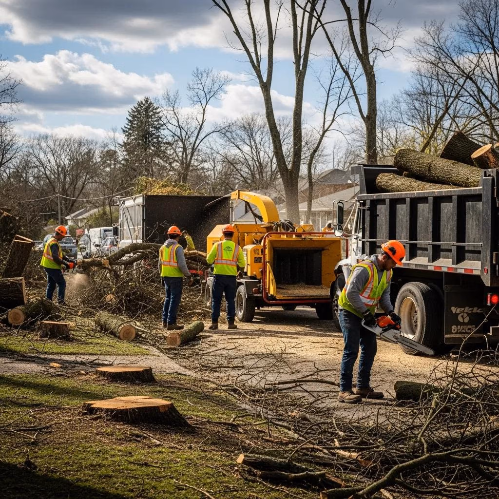 Storm cleanup crew removing debris and tree limbs with wood chipper, Dunbar Tree Service.