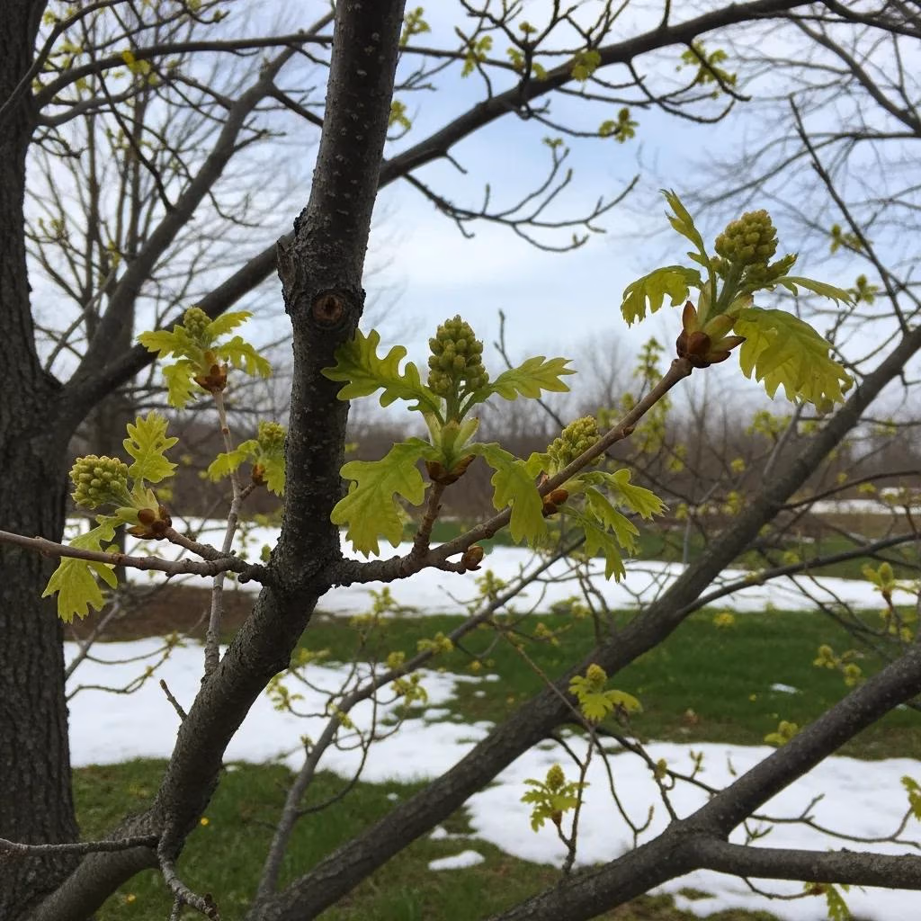 Oak tree branches with emerging spring buds and leaves, illustrating seasonal tree health in Wisconsin.