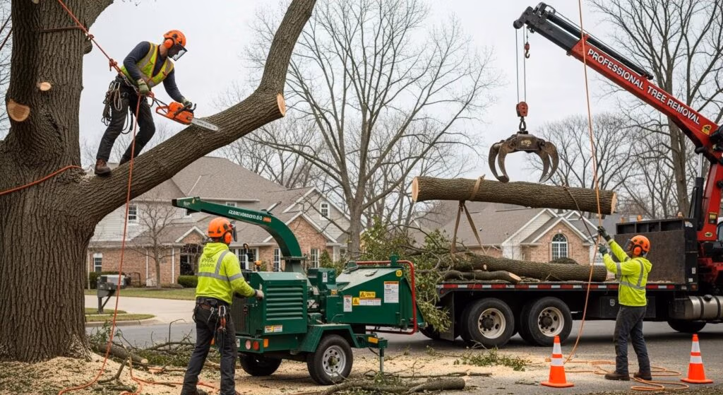 Professional tree removal crew using crane and equipment in Waukesha County, Wisconsin.