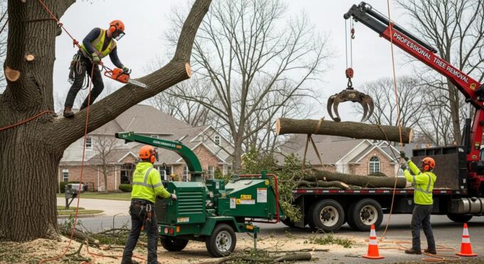 Tree removal crew using chainsaw and crane for storm damage cleanup in residential area, with wood chipper and truck on site.