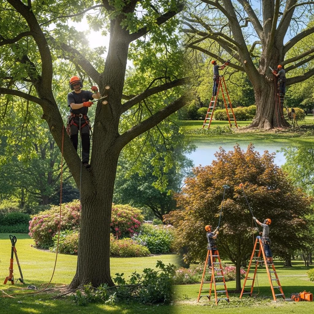 ISA-certified arborists demonstrating tree pruning techniques: crown thinning, raising, and reduction in a park.