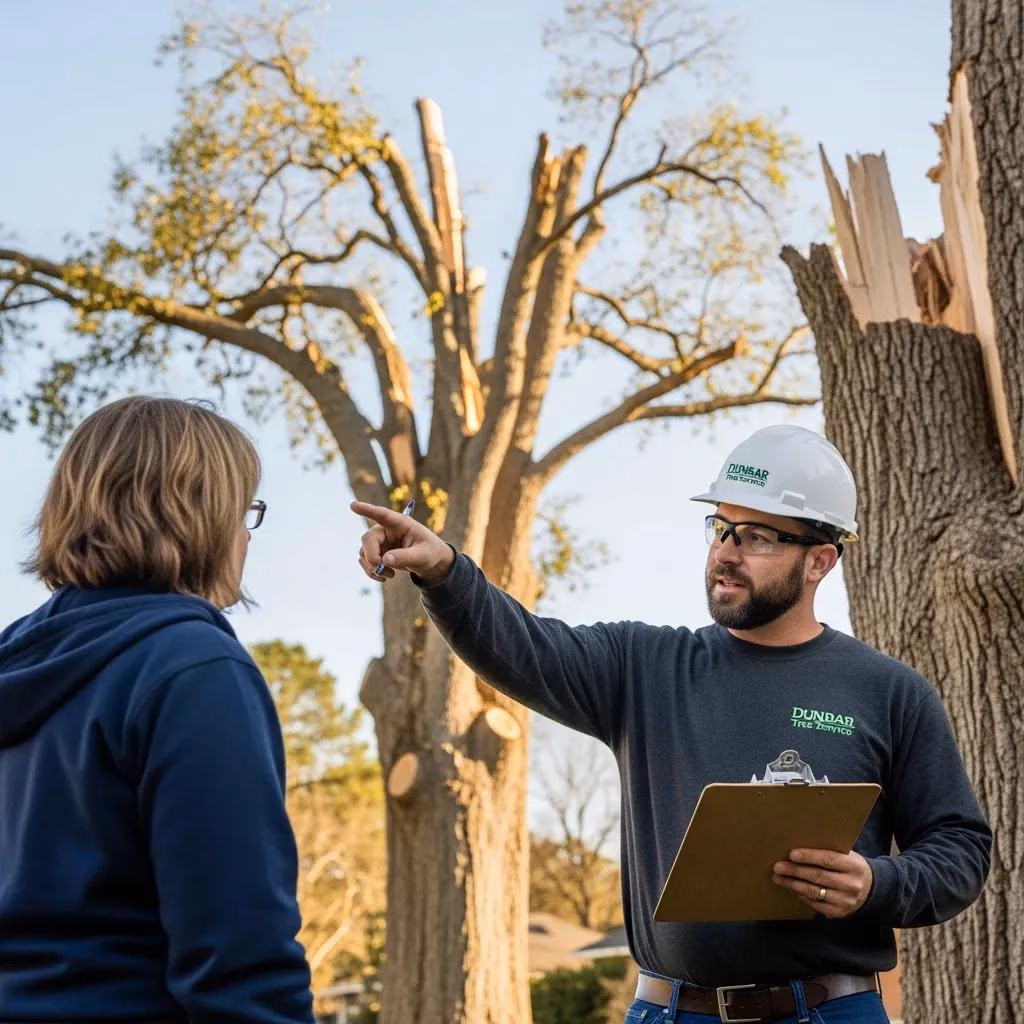 Dunbar Tree Service arborist assisting homeowner with storm damage insurance claim assessment.