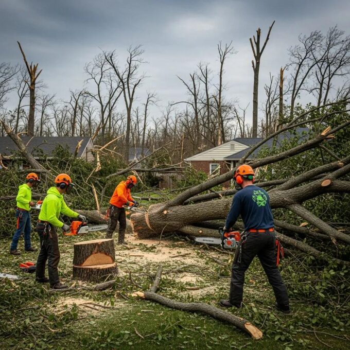 Emergency tree removal crew working on a fallen tree after a storm in Waukesha County