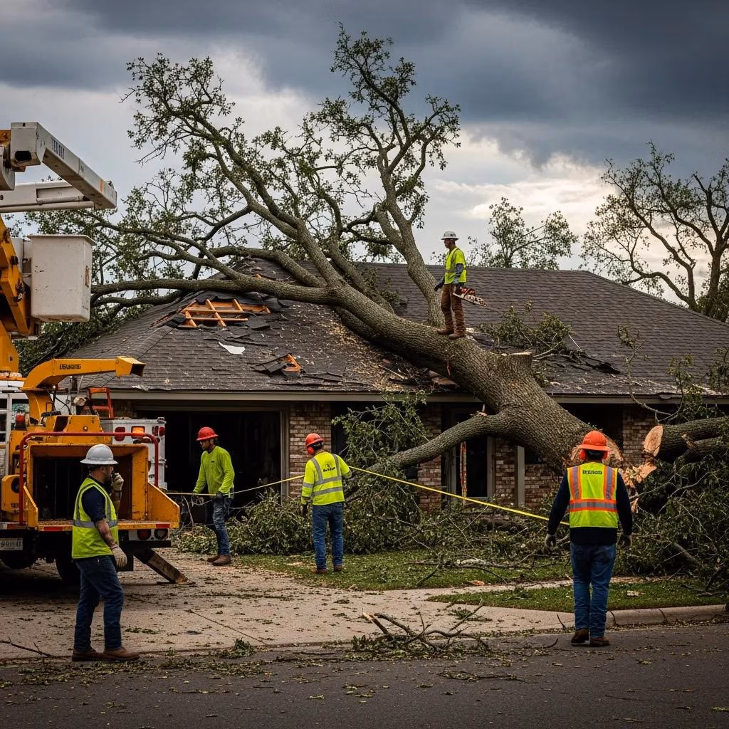 Emergency tree removal crew responding to fallen tree on house, Dunbar Tree Service in Waukesha