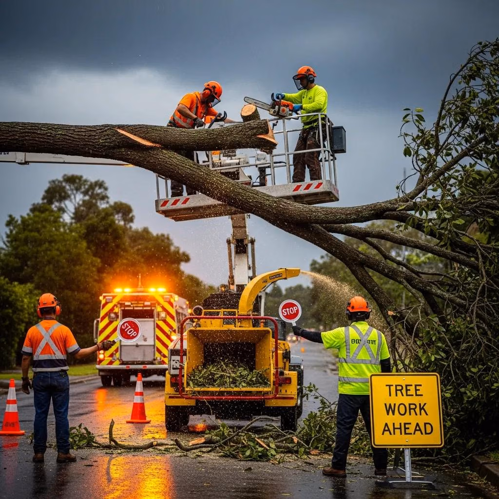 Emergency tree removal team with aerial lift and chainsaws responding to storm damage in Waukesha