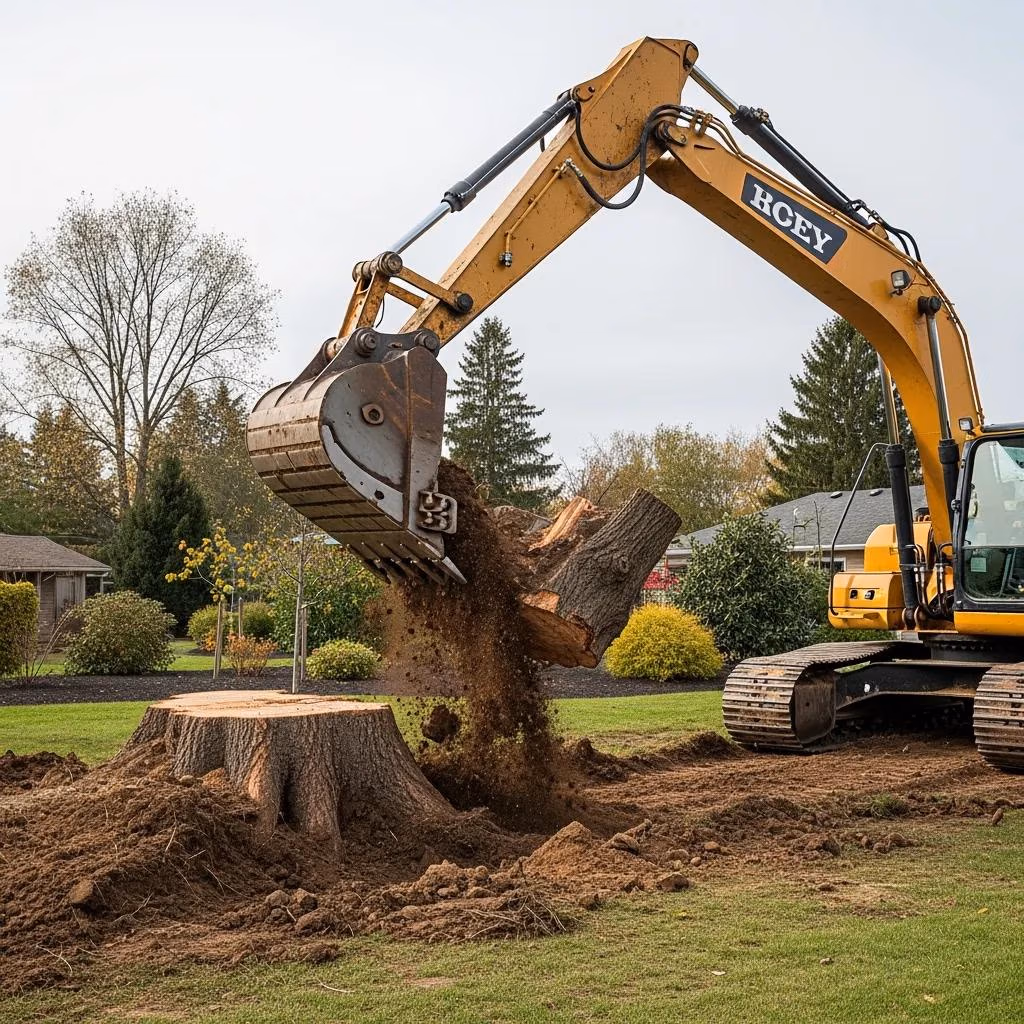 Excavator removing a large tree stump from the ground in a residential yard