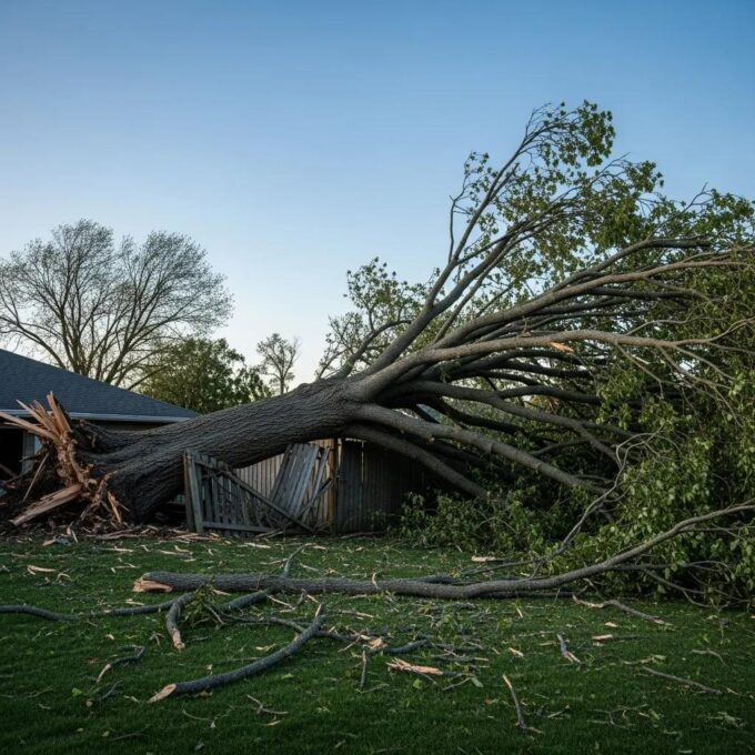 Fallen tree across a residential property illustrating the aftermath of a storm