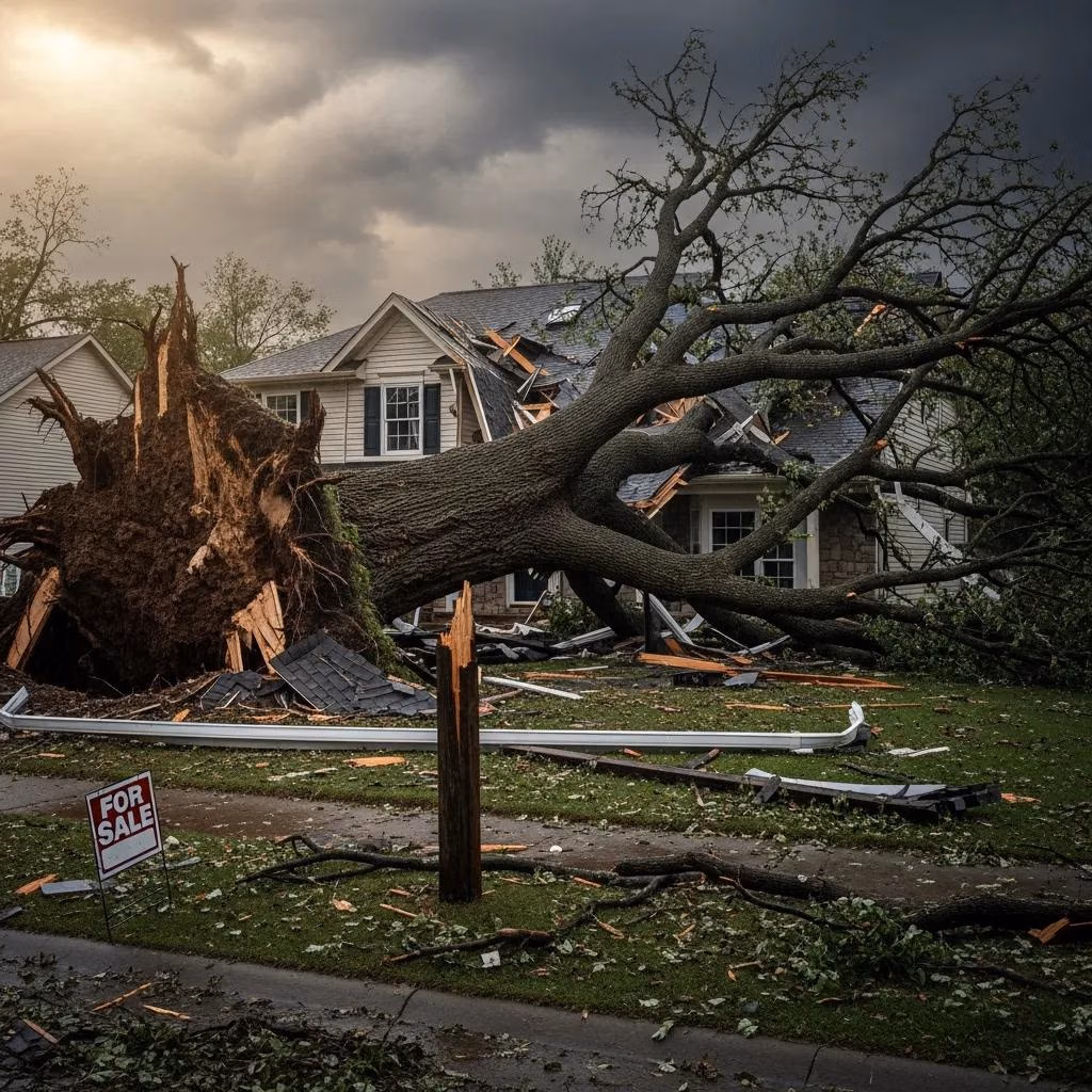 Fallen tree on house after storm, highlighting insurance coverage scenarios and emergency tree removal.