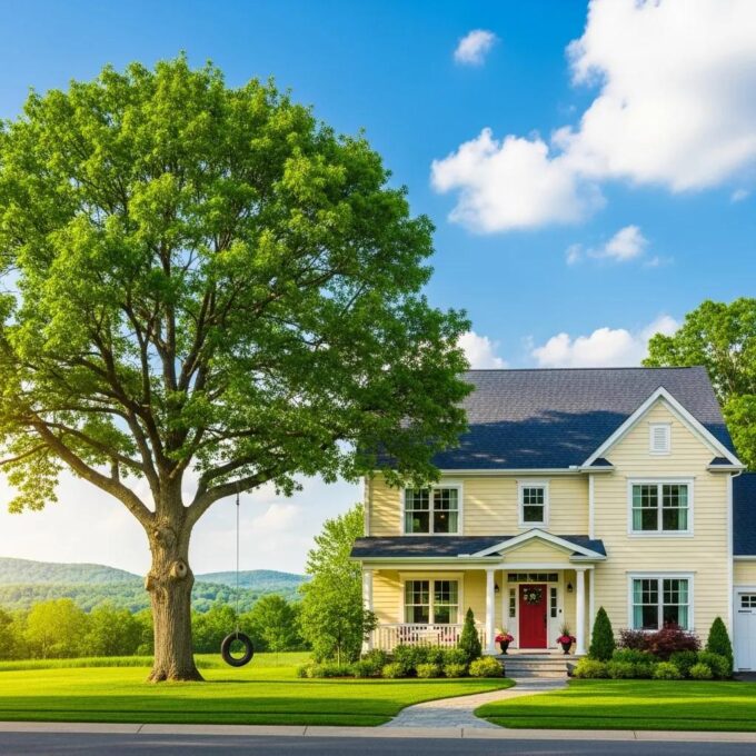 Home with a large tree, representing homeowner's insurance and emergency tree removal