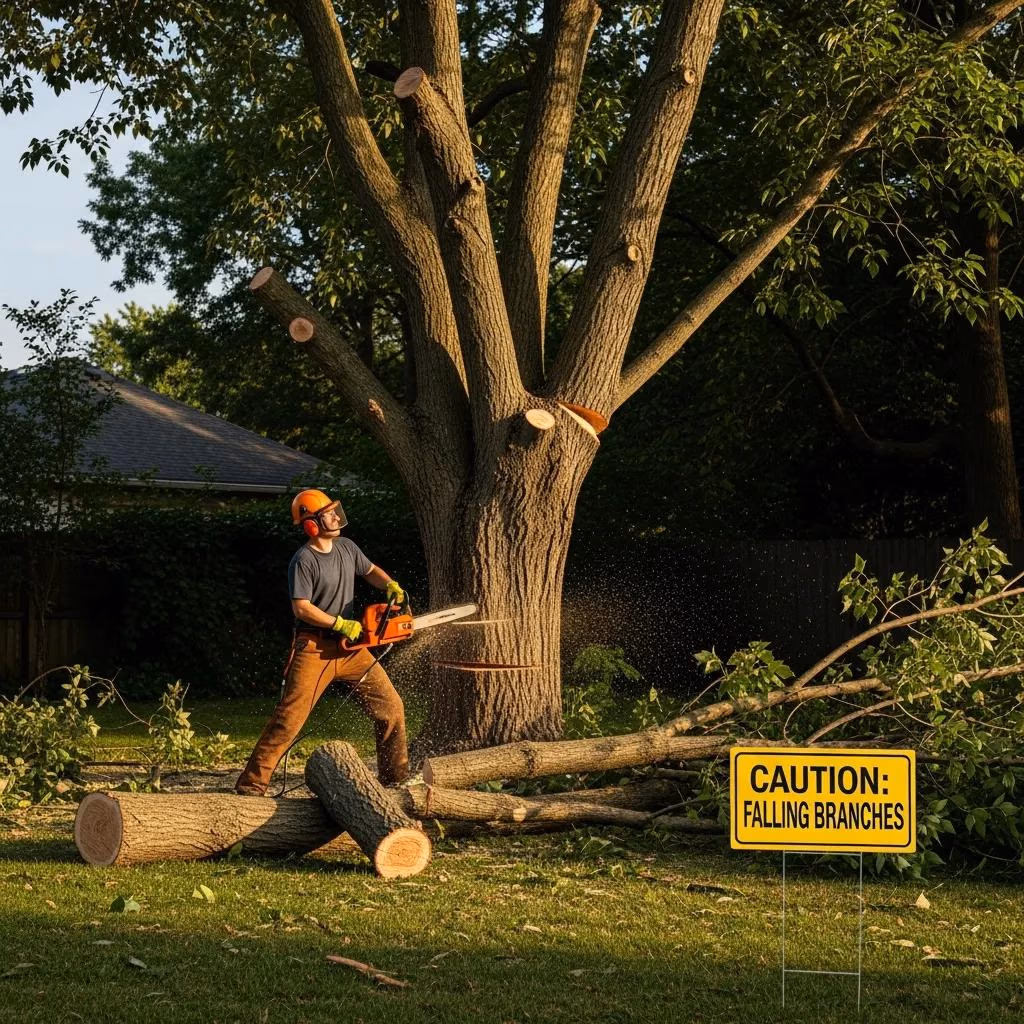 Homeowner attempting DIY tree removal with visible safety risks and caution signs.