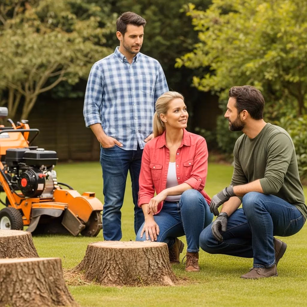 Homeowner consulting with a stump service professional in a well-kept garden