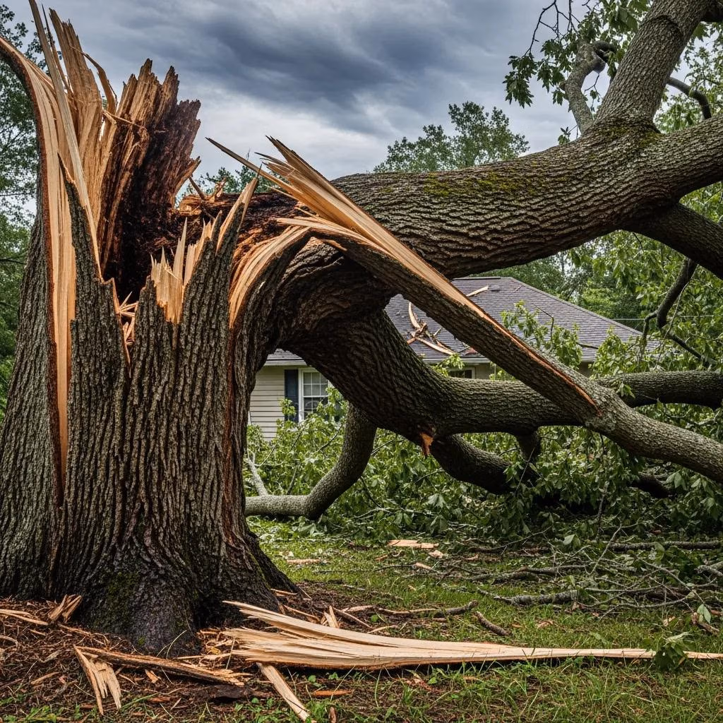 Leaning tree with broken branches and storm damage in a residential area, indicating hazardous tree