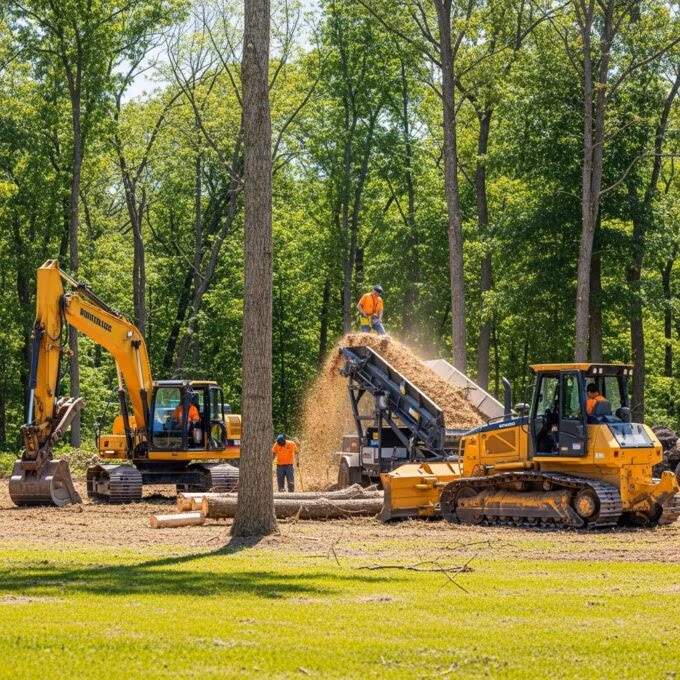 Lot clearing scene in Waukesha County with machinery and workers