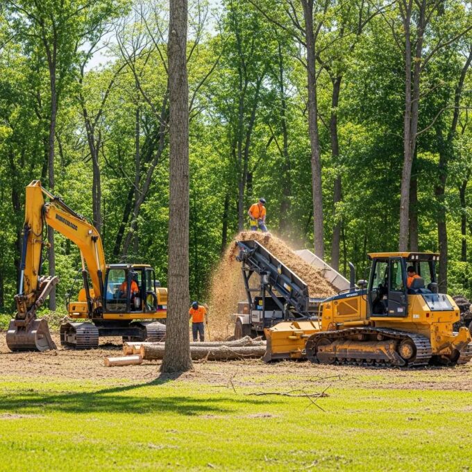 Lot clearing scene in Waukesha County with heavy machinery, workers in safety gear, and tree debris being processed.