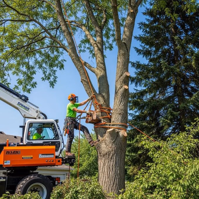 Professional arborist removing a tree with safety equipment in Waukesha County