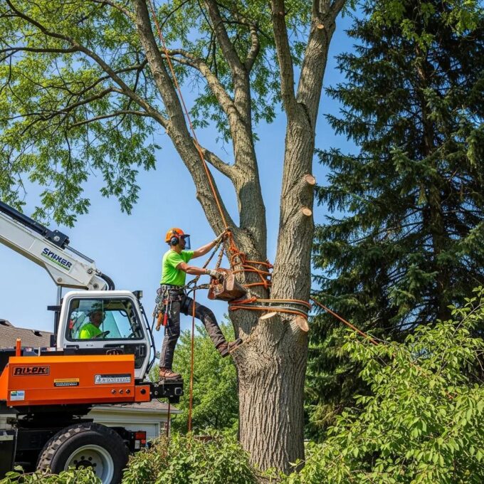 Professional arborist using safety equipment to remove a tree in Waukesha County, showcasing tree care services.