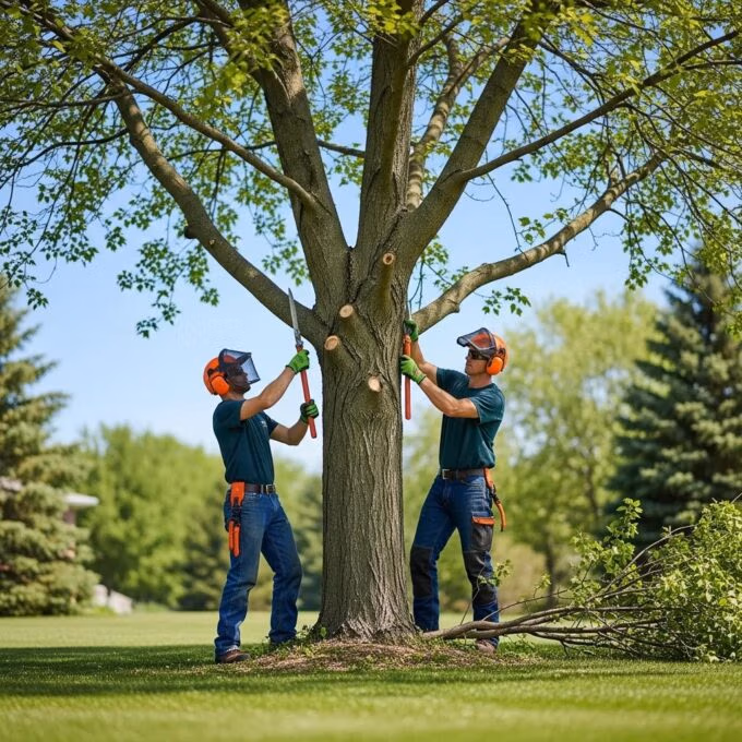 Professional arborist trimming a healthy tree in a Wisconsin landscape