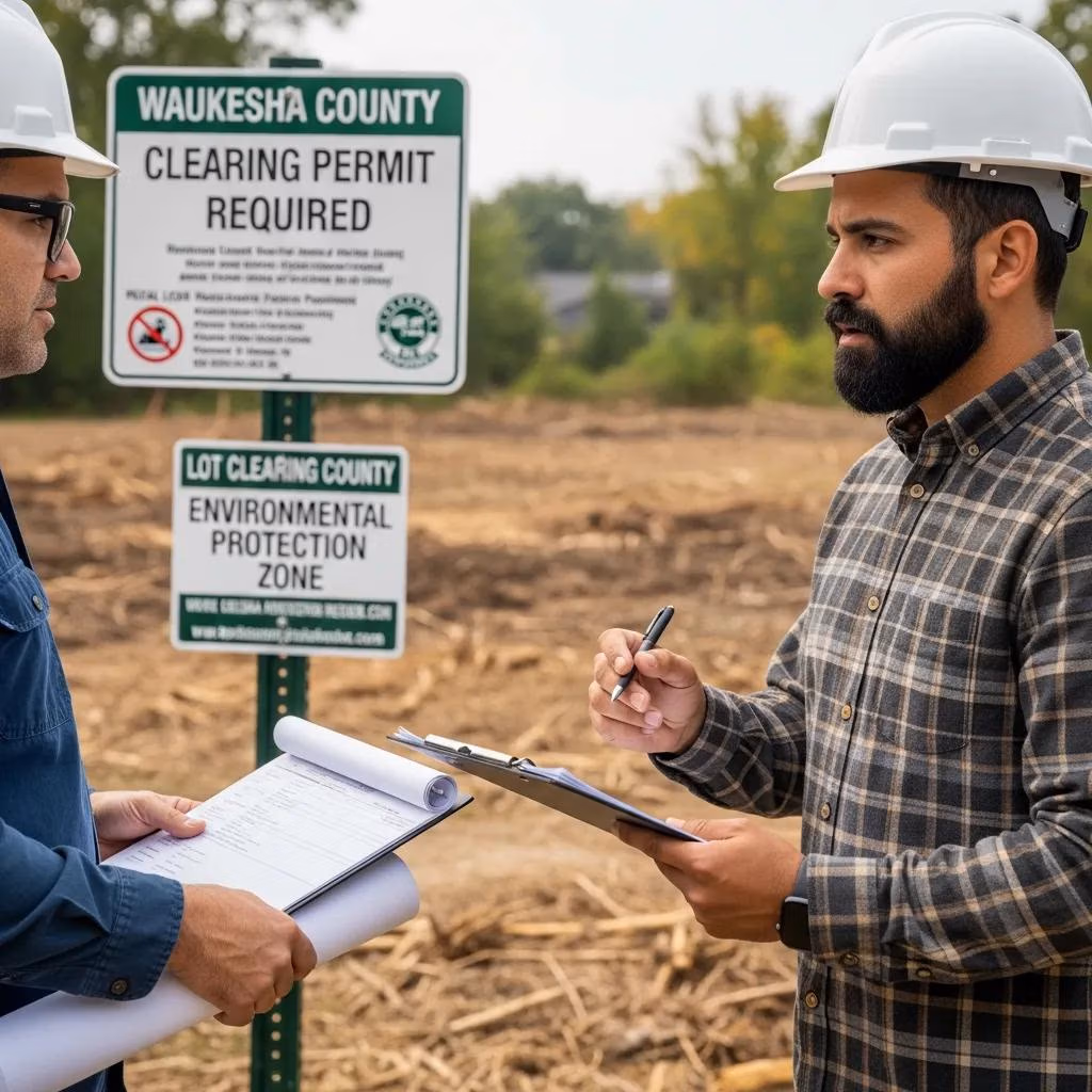 Professional discussing lot clearing regulations with a client on-site