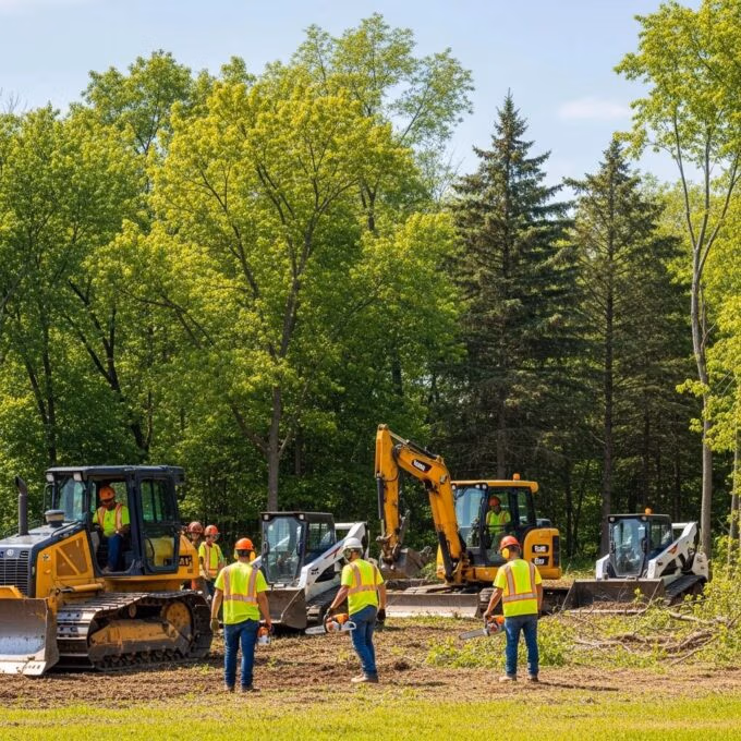 Professional land clearing service in Waukesha County with workers and machinery