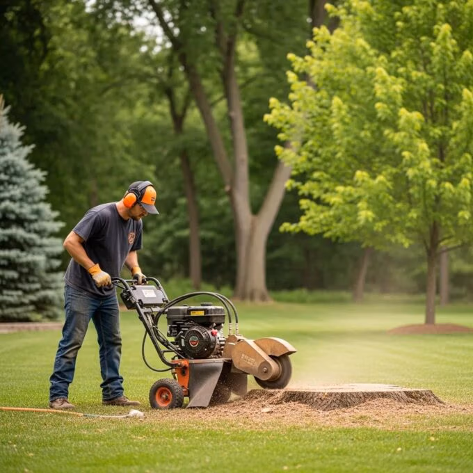 Professional stump grinding service in a residential yard, showcasing a stump grinder in action