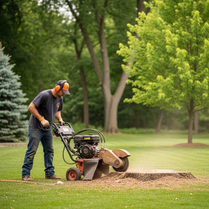 Professional stump grinding service in a residential yard, showcasing a stump grinder in action