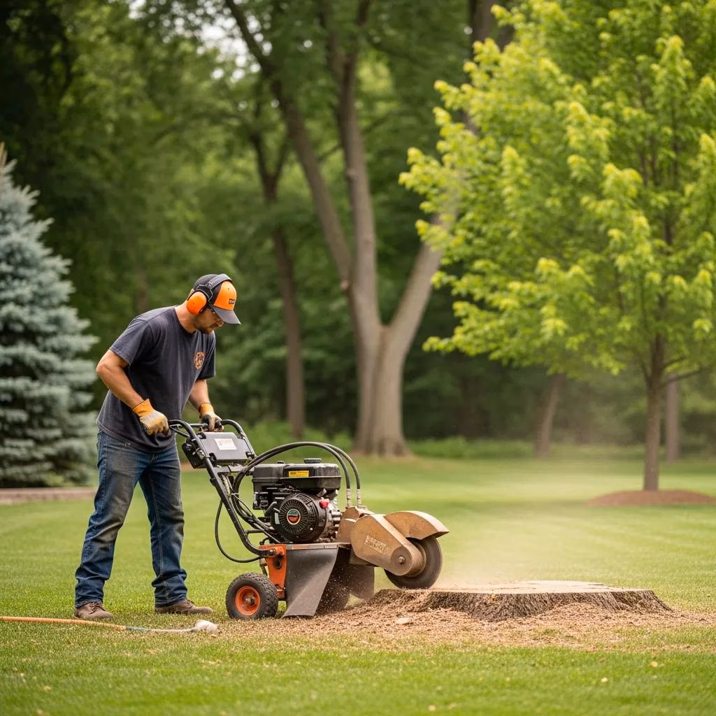 Professional stump grinder in action removing a tree stump in a Waukesha County yard.