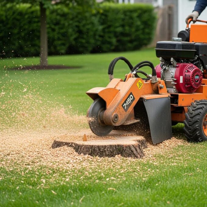 Professional stump grinding service in action, showcasing a stump grinder at work