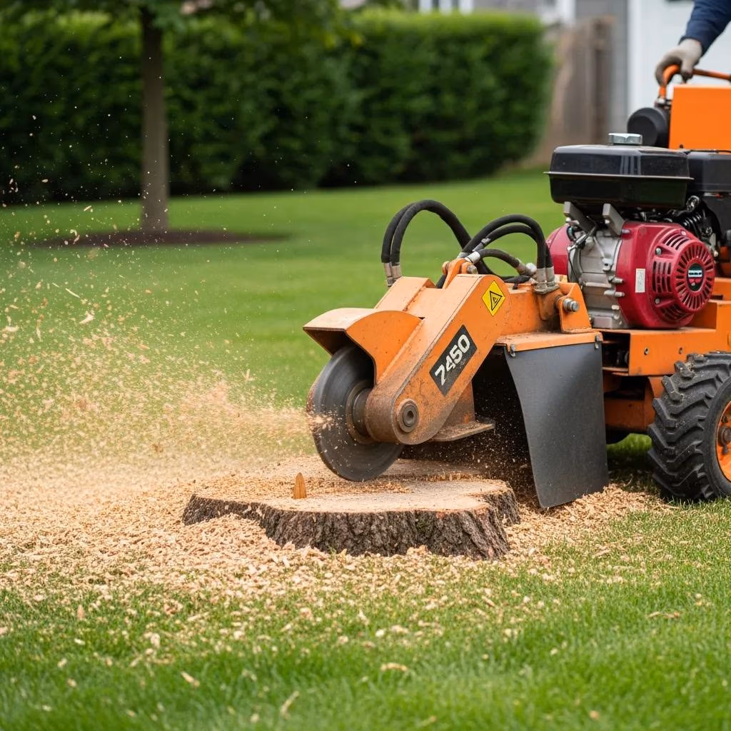 Stump grinder in action removing tree stump, illustrating stump grinding process in Wisconsin.