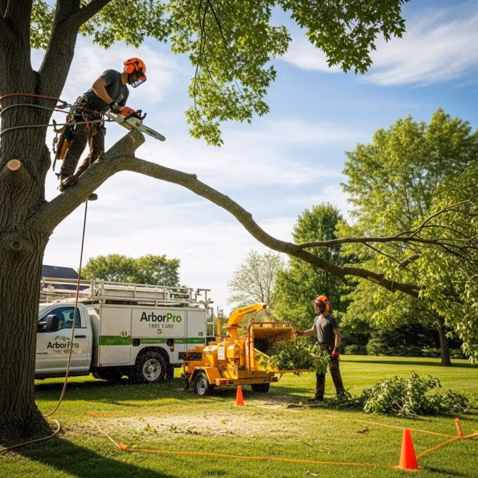 Professional tree removal service with an arborist cutting down a tree in a well-maintained yard