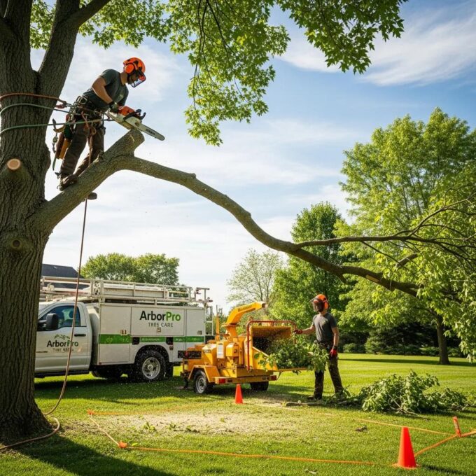 Professional arborist using a chainsaw to cut a tree branch in a well-maintained yard, with tree care truck and wood chipper visible, emphasizing safe tree removal practices in Wisconsin.