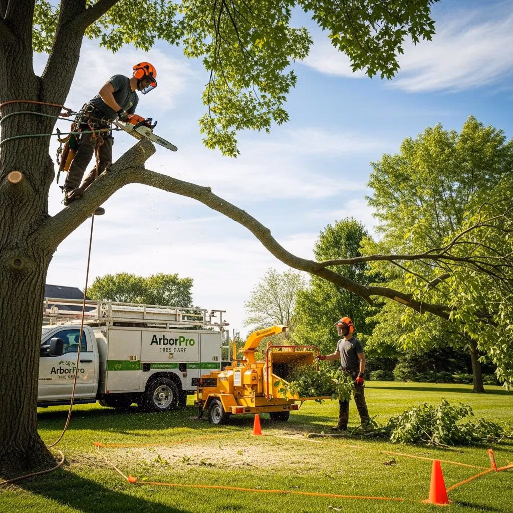 ISA-certified arborist removing tree branch in well-maintained yard, tree removal service and storm damage cleanup.