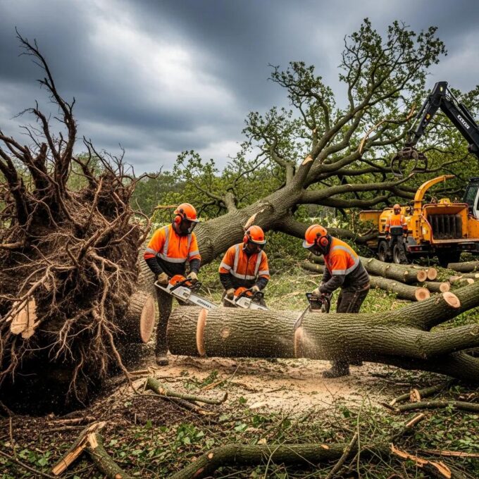 Professional tree removal team clearing storm-damaged trees