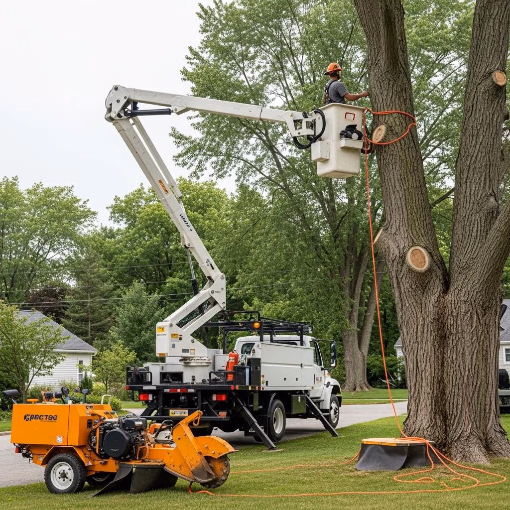 Bucket truck and stump grinder used by professional tree removal services in Waukesha County.