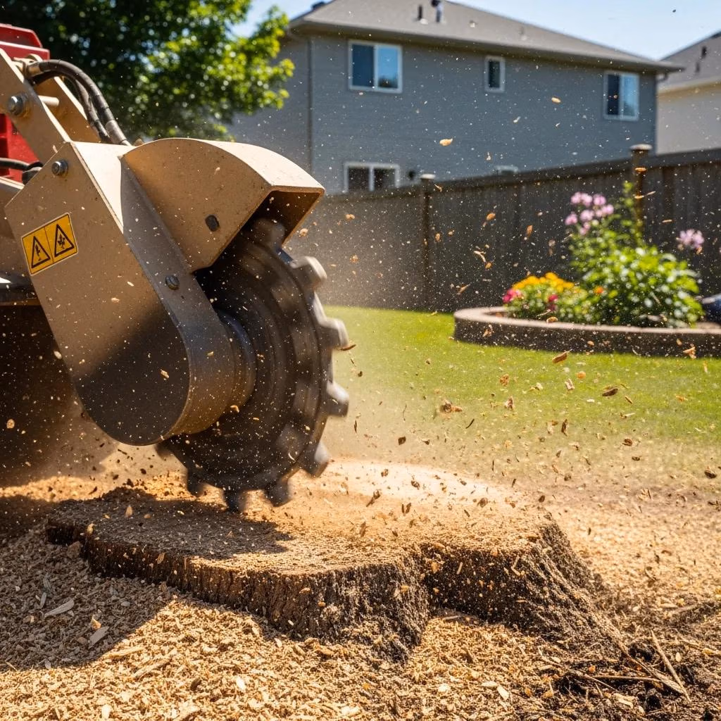 Stump grinding machine efficiently removing tree stump in a residential yard, reclaiming the area for