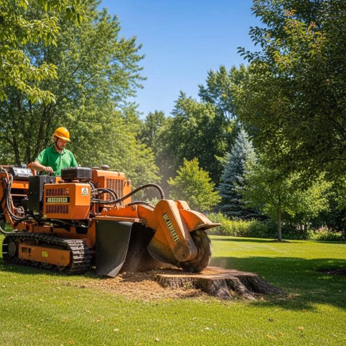 Stump grinding service in action with a professional machine grinding a tree stump in a green yard