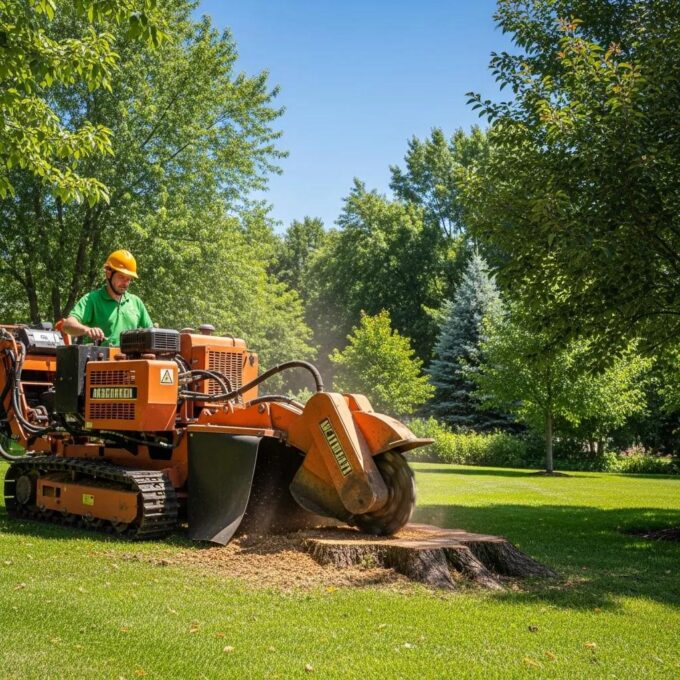 Stump grinding service in action with a professional machine grinding a tree stump in a green yard