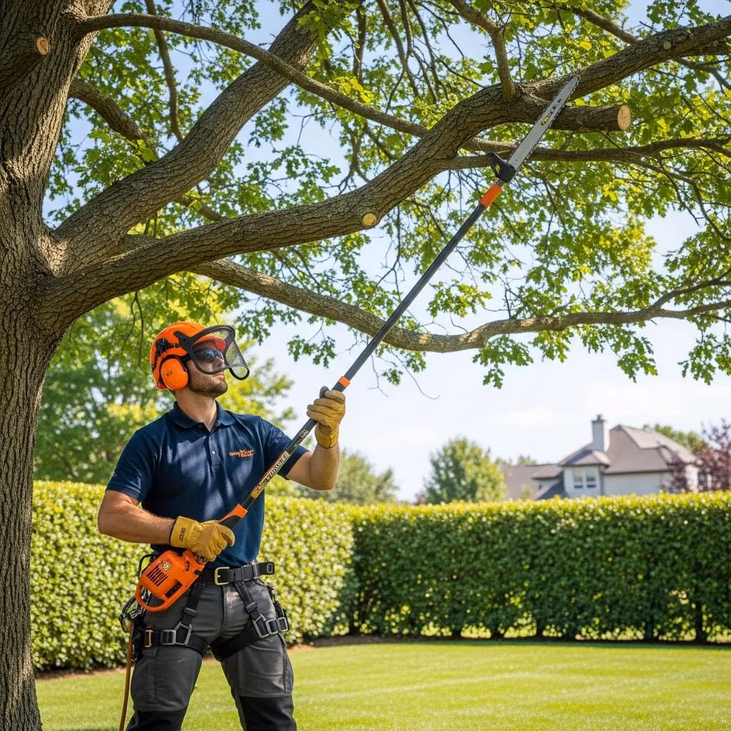 ISA-certified arborist trimming tree with pole saw, demonstrating safety gear and professional tree maintenance.