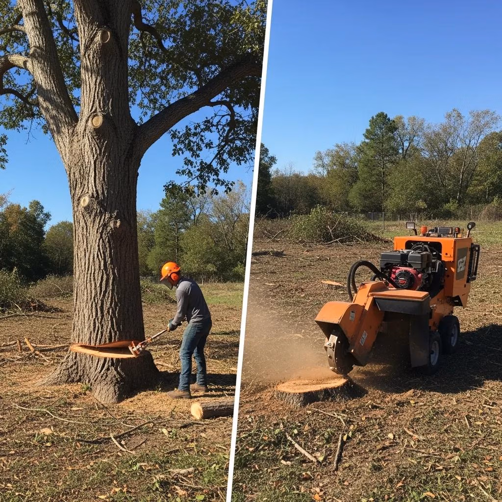 Tree removal and stump grinding process with equipment in action